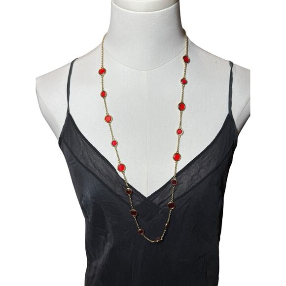 Kate Spade Red Crystal Station Necklace Gold Long Layering Pendant 36” Jewelry - Picture 1 of 4
